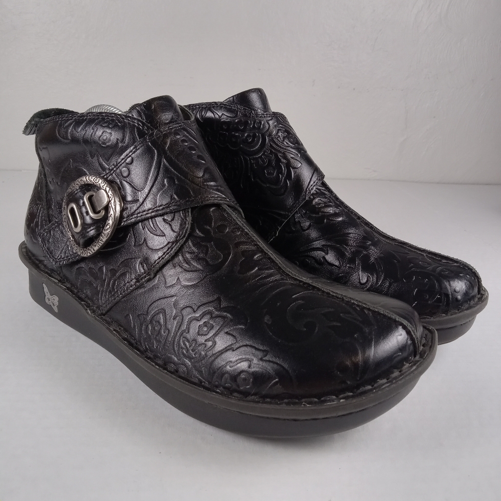Alegria Caiti Ankle Boot Size EU 40 US 9.5 Black Embossed Leather Bootie Comfort
